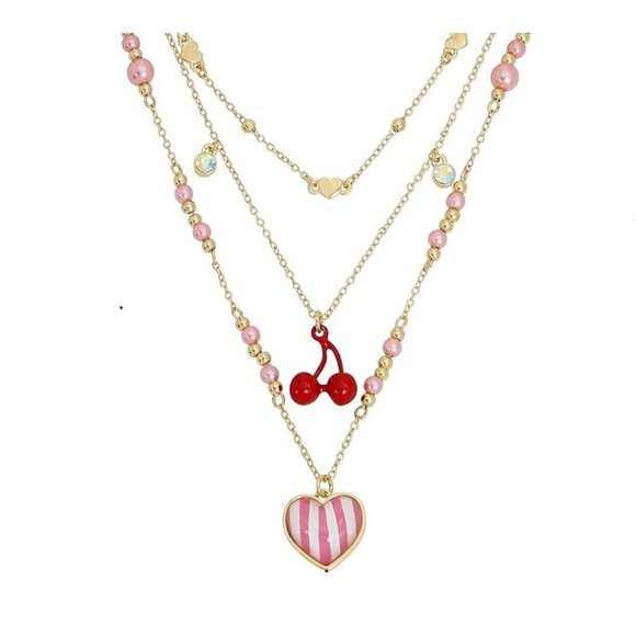 NWT Cute FUN! Betsey Johnson Triple Three Strand Heart Cherry Necklace Pink - Picture 7 of 8